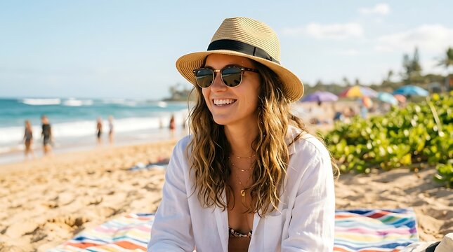 Happy young woman wearing a straw hat and sunglasses sitting on a sunny tropical beach during her summer vacation