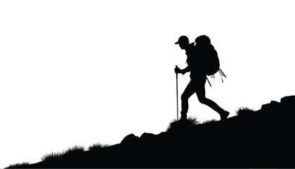 Obraz premium Hiker silhouette treks upward along a rocky mountain slope while carrying a heavy backpack and using a trekking pole to navigate the challenging terrain during a scenic outdoor adventure journey.