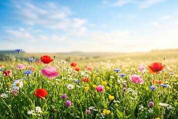 Obraz premium Bright spring wildflower meadow with colorful blooms, fresh green grass, blue sky, soft clouds and warm sunlight, ideal for seasonal nature, wellness and outdoor design backgrounds.