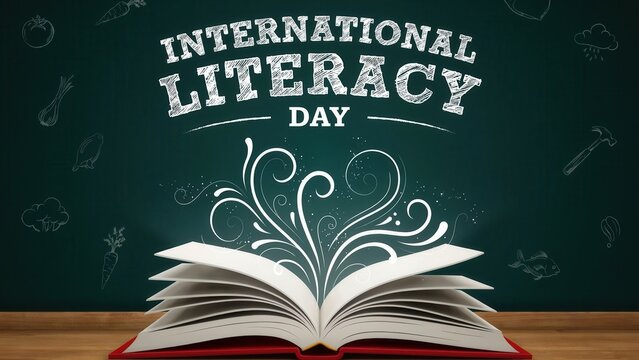 International Literacy Day message on a green chalkboard with an open book and artistic flourishes