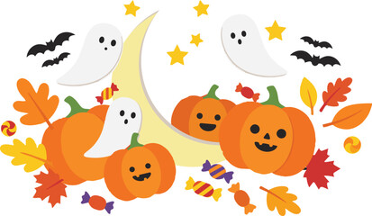 Fototapeta premium cute halloween pumpkin ghost vector with autumn leaves moon bats festive seasonal illustration