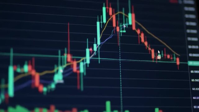 Closeup of a digital financial trading chart showing stock market fluctuations, candlestick patterns, and technical analysis indicators on a computer screen