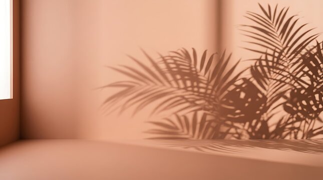 Soft palm leaf shadow cast on a warm beige wall creating a peaceful and minimalist interior room aesthetic atmosphere