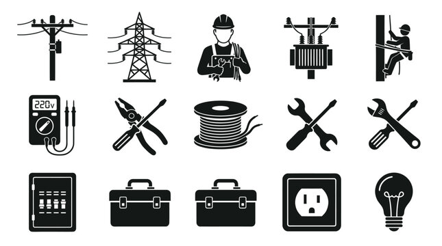 Professional electrician tools and electrical maintenance equipment icons.