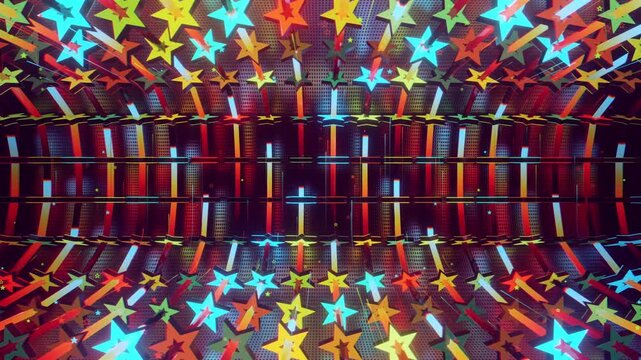 Seamless VJ loop with glowing neon stars abstract structure and psychedelic motion for high-tech club visuals, electronic music festivals, stage screens and for LED video walls