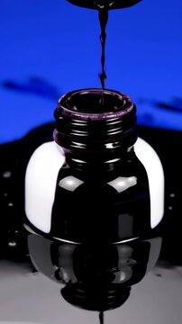Black Ink Pouring into Bottle.