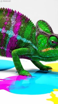 Vibrant Chameleon with Colorful Paint Splatters.