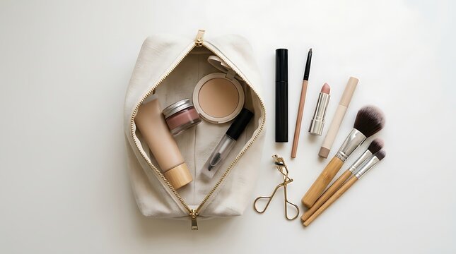 Open makeup bag filled with various cosmetic products and beauty tools arranged for daily use. beginner makeup guide