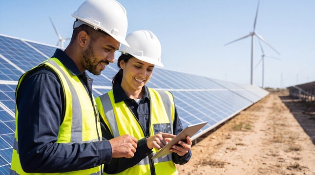 Two construction workers in safety gear using a tablet in a solar farm with solar panels and wind turbines in the background