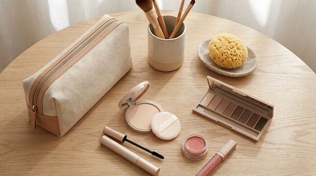 Cosmetic makeup kit with brushes and beauty accessories in a pouch on a wooden table for daily routine. beginner makeup guide