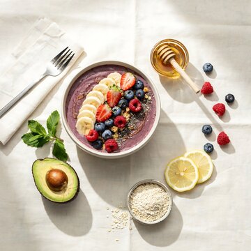 Healthy and colorful smoothie bowl topped with fresh berries banana slices and seeds