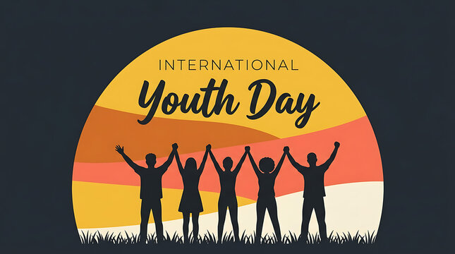 International youth day concept design with silhouettes of youth joining hands at golden sunset international students