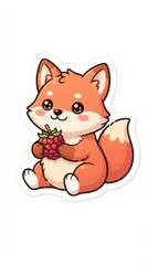 Fototapeta premium Cute cartoon fox holding a raspberry