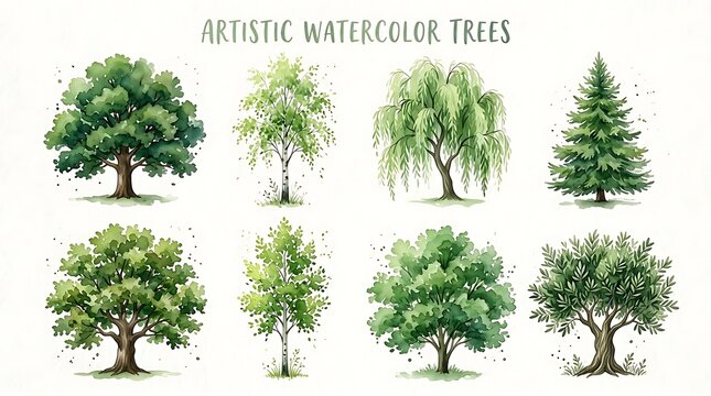 Set of artistic watercolor trees featuring various species like oak willow and pine for nature design projects