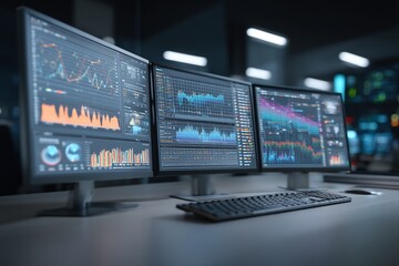 Fototapeta premium Modern Trading Desk with Multiple Monitors Displaying Financial Data.