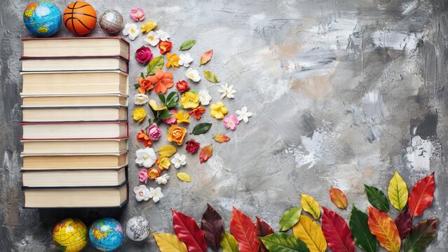 Stack of Books with Colorful Flowers, Autumn Leaves, and Globes on a Textured Grey Background