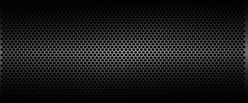 Black perforated metal plate. Metal grill. Black metal texture steel background. Perforated sheet metal.Abstract dark gray circle mesh pattern background texture.Black metallic background.Vector EPS10