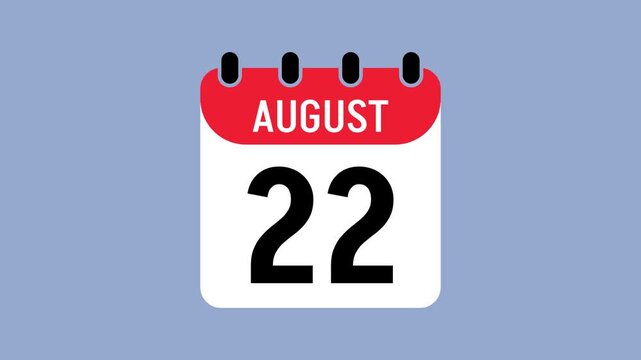 Calendar icon displaying the date August 22, monthly calendar page animation, important date, event reminder, scheduling, and deadlines.