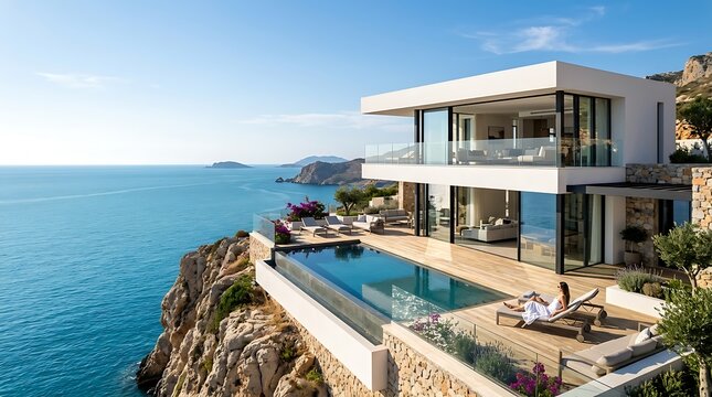 Modern luxury villa with infinity swimming pool overlooking the blue ocean on a sunny day at a beautiful cliffside