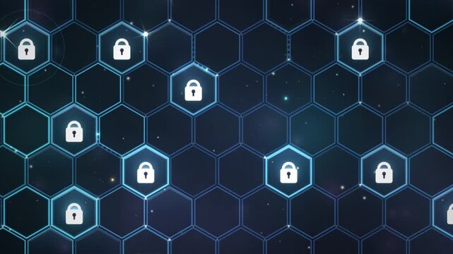 Digital padlock icons on a glowing hexagon network grid cyber security background loop