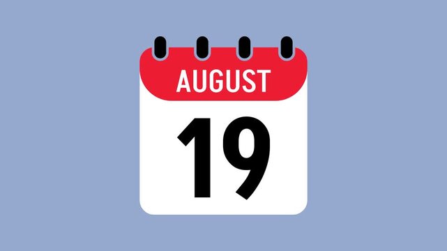 Calendar icon displaying the date August 19, monthly calendar page animation, important date, event reminder, scheduling, and deadlines.