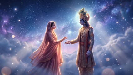 Naklejka premium Lord Krishna Celestial Embrace - Cosmic Spiritual Artwork