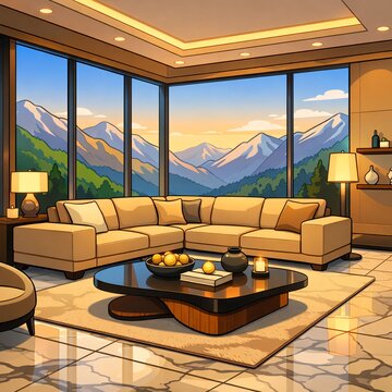 Luxury Modern Living Room Interior with Panoramic Mountain View &ndash; Elegant Contemporary Home Illustration
