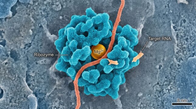 Ribozyme macromolecule utilizing magnesium ion cofactor, enzyme catalyze cleavage, target rna strand biochemically sliced, electron microscopy specimen measuring eight nanometer.