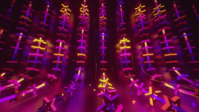 Seamless VJ loop with glowing neon stars abstract structure and psychedelic motion for high-tech club visuals, electronic music festivals, stage screens and for LED video walls