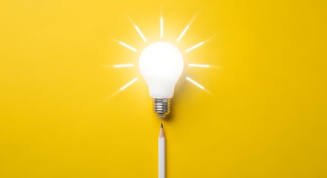 Bright glowing bulb with light rays atop a pencil against a yellow background, representing an idea