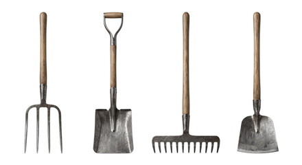 Vintage metal garden tools set with pitchfork and shovel © PNG Lab