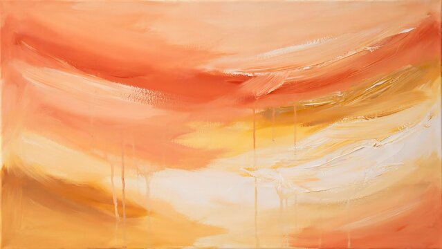 Abstract oil painting with flowing strokes of peach orange and cream white colors on canvas