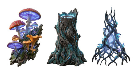 Fototapeta premium Fantasy magical glowing mushrooms and tree stumps