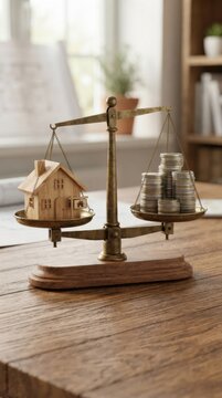 Wooden house model and coins on balance scale