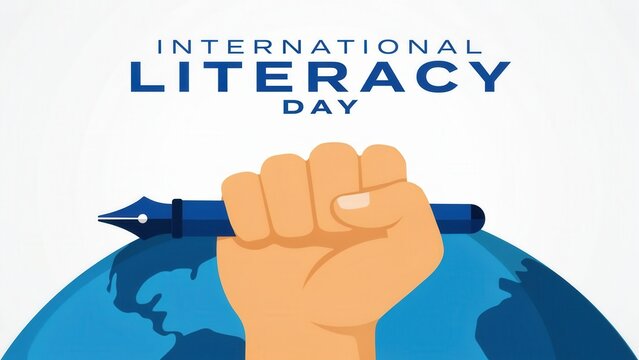 International Literacy Day concept with a fist holding a pen over a globe