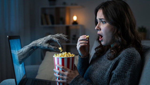 Profile view of a frightened young woman holding a popcorn bucket in front of a laptop, while watching a horror movie as a scary grey monster hand reaches out from the screen to grab a piece of popcor