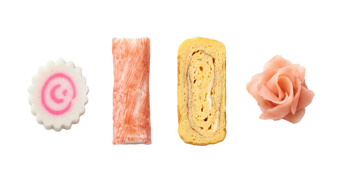 Japanese food set with naruto tamagoyaki ginger and surimi