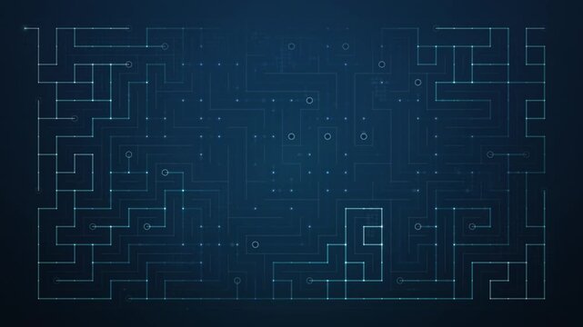 Glowing blue circuit board technology traces and data flow background loop