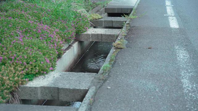 蓋がない道端の危険な水路