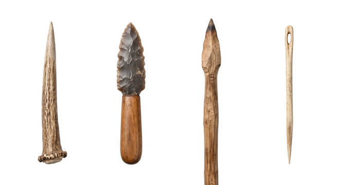 Ancient prehistoric stone bone and wooden tools set