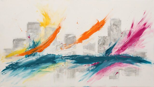 Abstract painting with grey buildings and colorful paint splashes on a white background