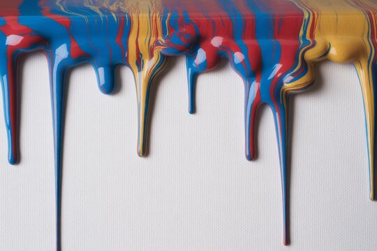 Energetic swirling primary color liquid paints blending and dripping down a textured white canvas creating an artistic display