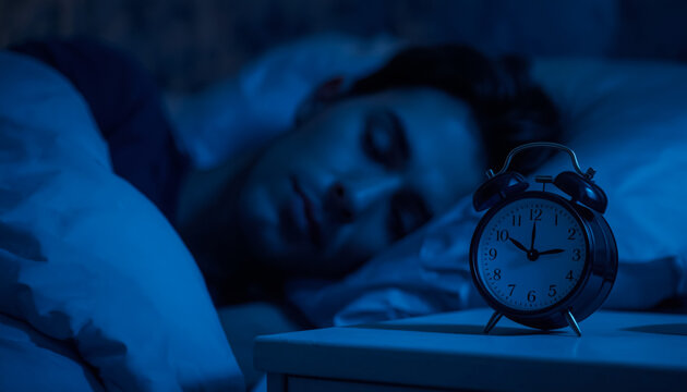 Man sleeping in bed at night. Person resting with alarm clock on bedside table.