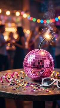 Pink disco ball bomb with sparkler on party table