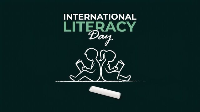 International Literacy Day poster with chalk drawing of boy and girl reading on a blackboard background