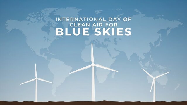 International Day of Clean Air for Blue Skies Banner with Wind Turbines and World Map