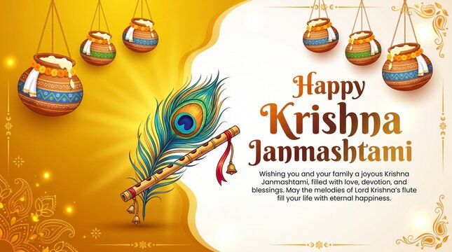 Happy Janmashtami festival banner template design with dahi handi and peacock feather.