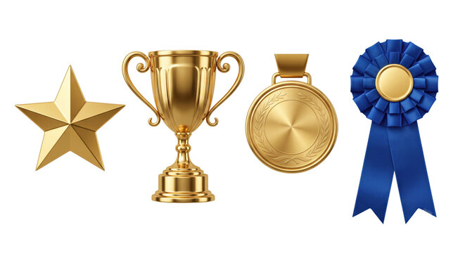 Gold award star trophy cup medal and blue ribbon