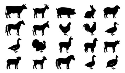 Farm Animal Black Silhouette Vector Set with Cow Goat Pig Rabbit and Livestock Collection © MdMiraz