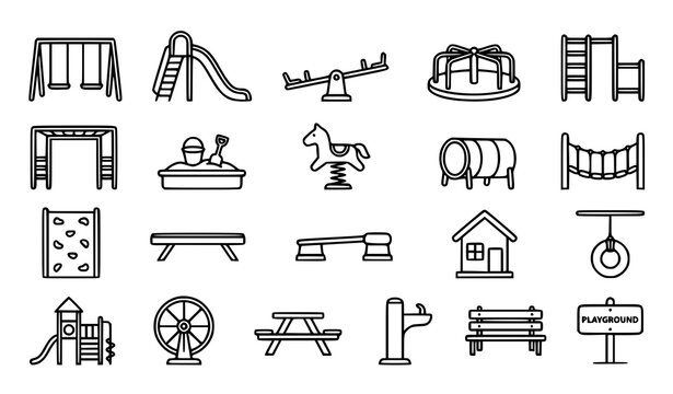 Playground Equipment Line Art Vector Set with Black and White Park Icons